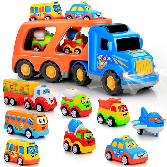 9 Pieces Car Toys for Toddlers Ages 2 3 4 5, Big Carrier Truck with 8 Small Cartoon Pull Back Cars, Colorful Assorted Cars, Transport Truck with Sounds and Lights, Best Gift for Boys and Girls