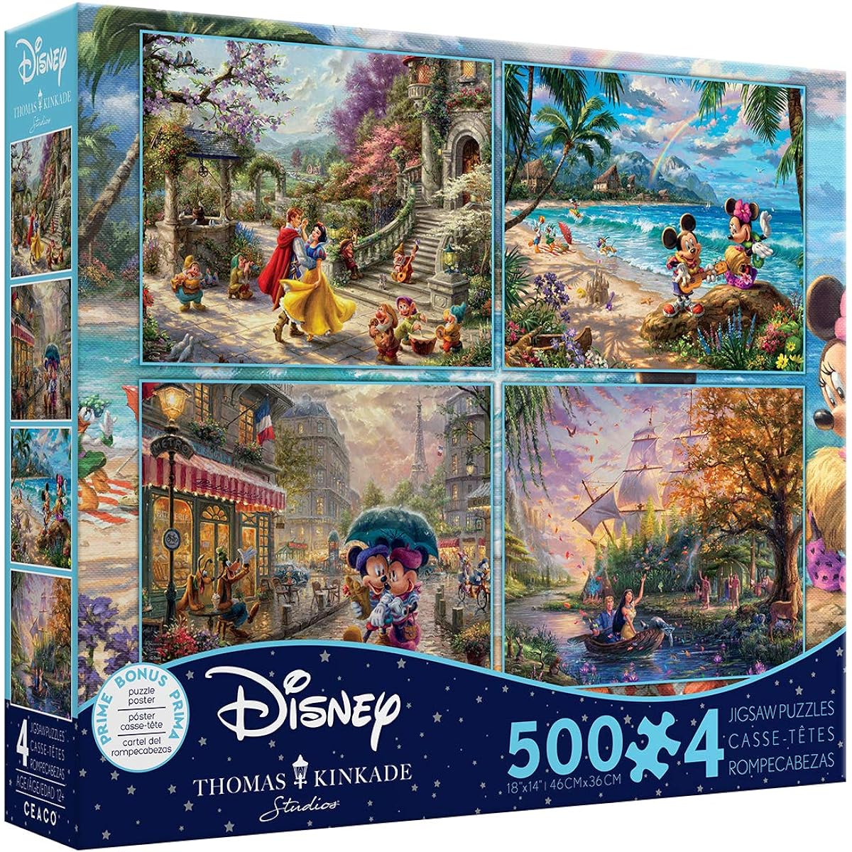 Thomas Kinkade Disney Multipack (4) 500 Piece Jigsaw Puzzles with Snow White, Mickey & Minnie Mouse, & Pocahontas