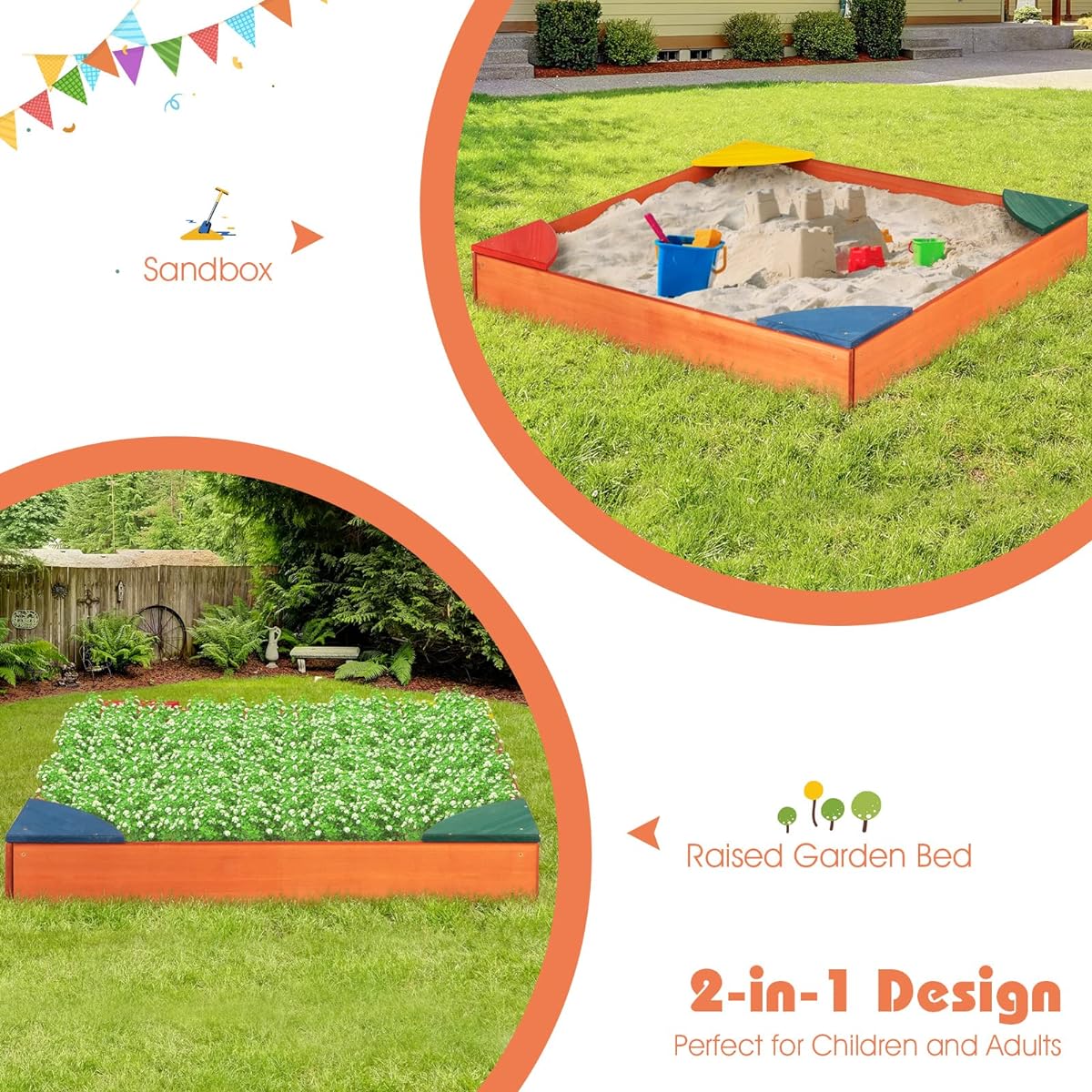 Costzon Wooden Sandbox with Built-in Corner Seat 2-in-1 Garden Bed Planter Box Kids Outdoor Sandbox for Backyard Lawn Garden Beach