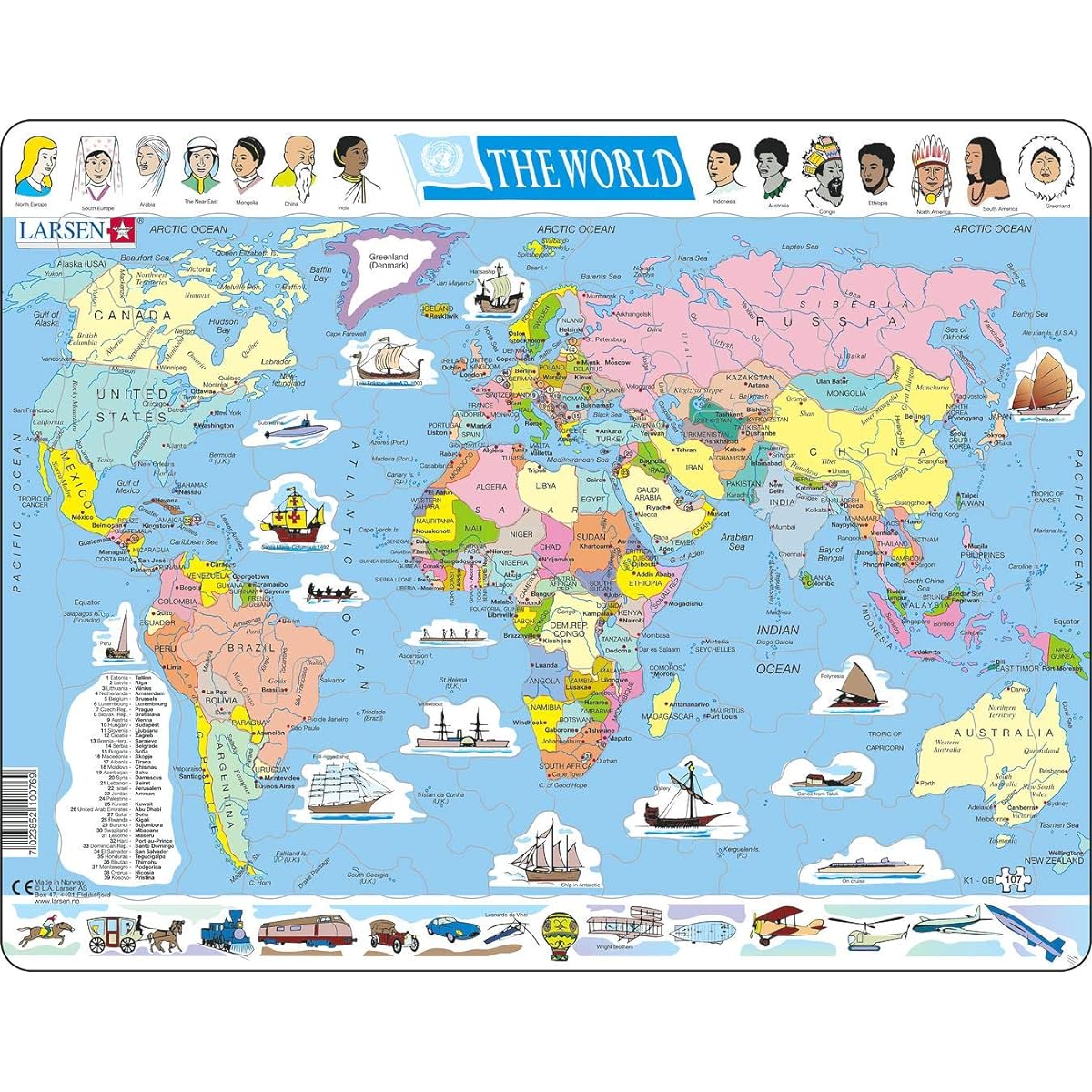 Larsen Puzzles World Politics Climate Educational Jigsaw Puzzle - 107 Piece Tray & Frame Style Puzzle - Premium Handmade Puzzle - Imported from Norway