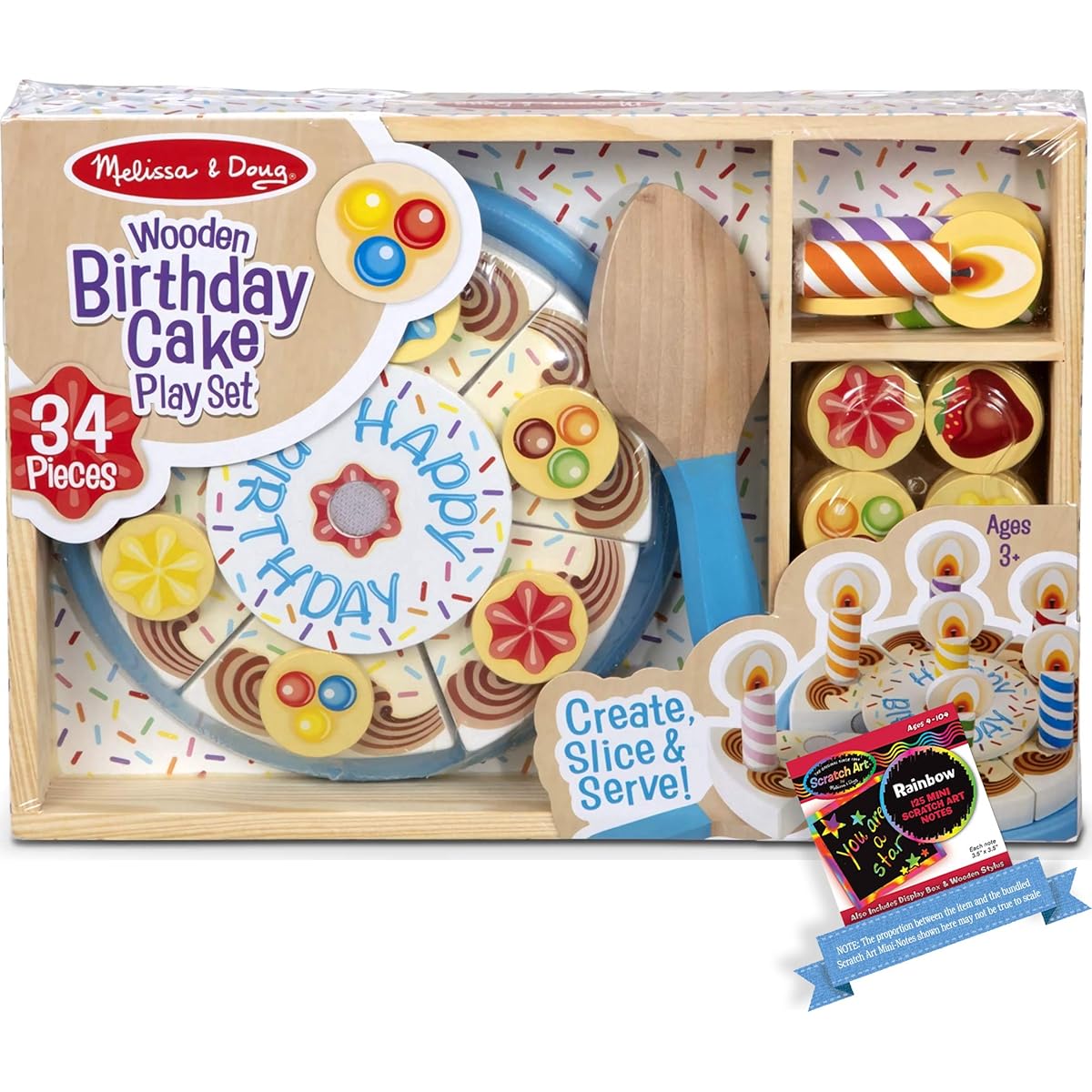 Melissa & Doug Birthday Party: 34 Piece Wooden Playset with 1 Theme Compatible M&D Scratch Art Mini Pad (00511)