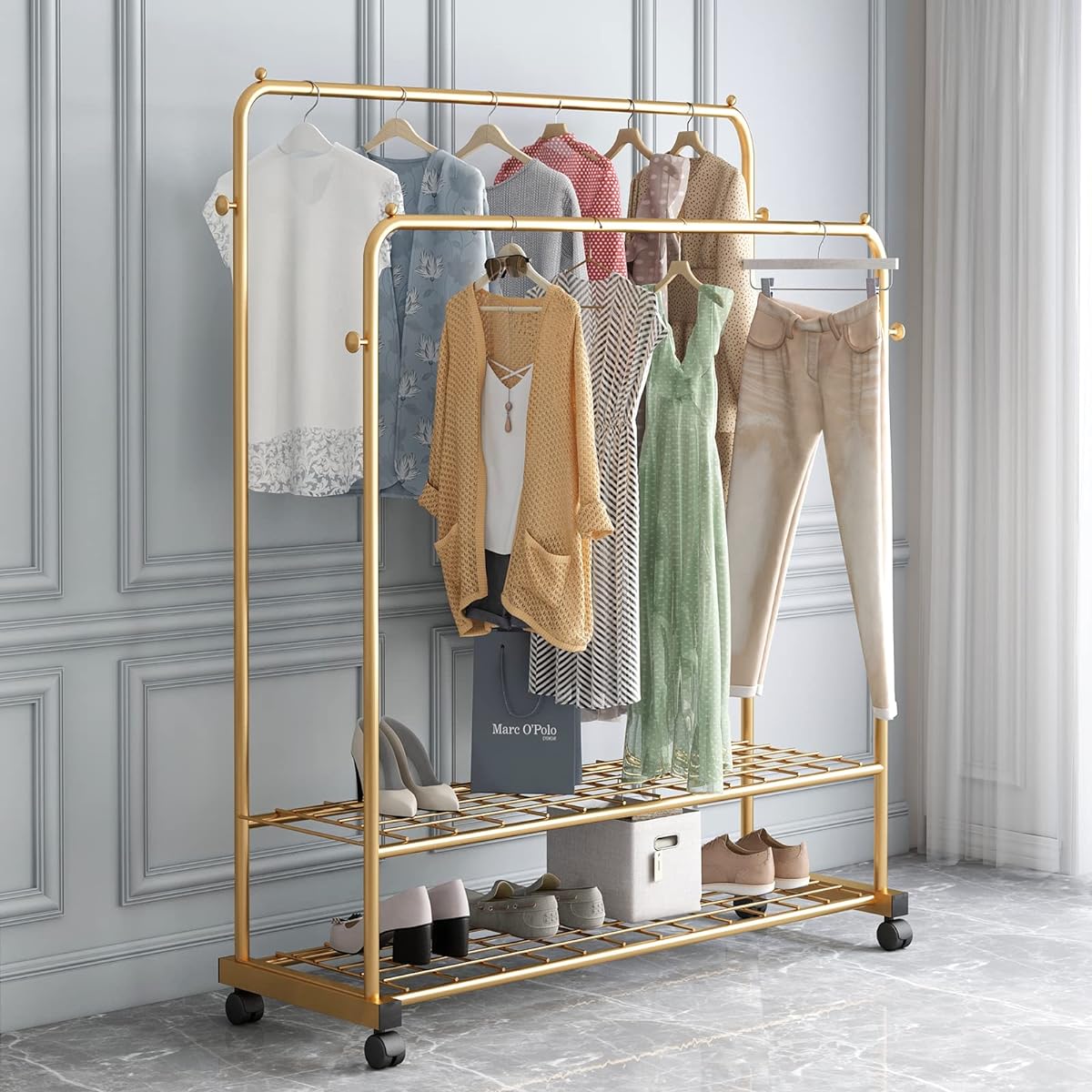 Thick Forest 2 Tier Clothes Rack with Casters Clothes Rack Rolling Rack Metal Rolling Clothes Rack with 2 Tier Shelves Clothes Storage Organizer (Gold)