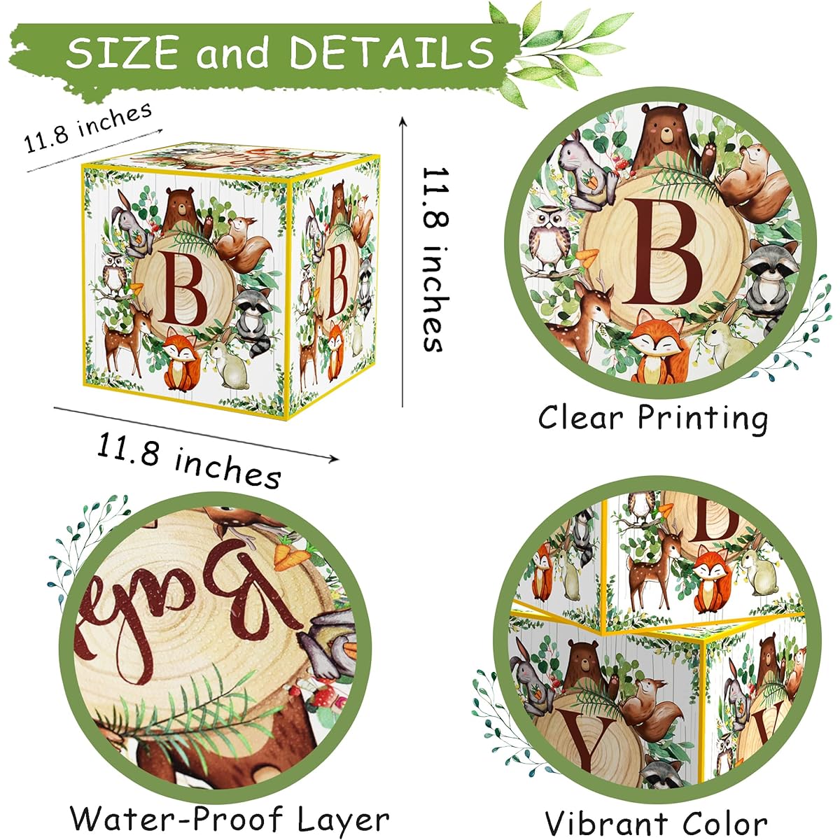 Woodland Baby Shower Display Box Party Decorations, Neutral Gender Revelation Supplies, Woodland Animals Baby Stacking Blocks Backdrop with Letters for Boy Girl Birthday Party