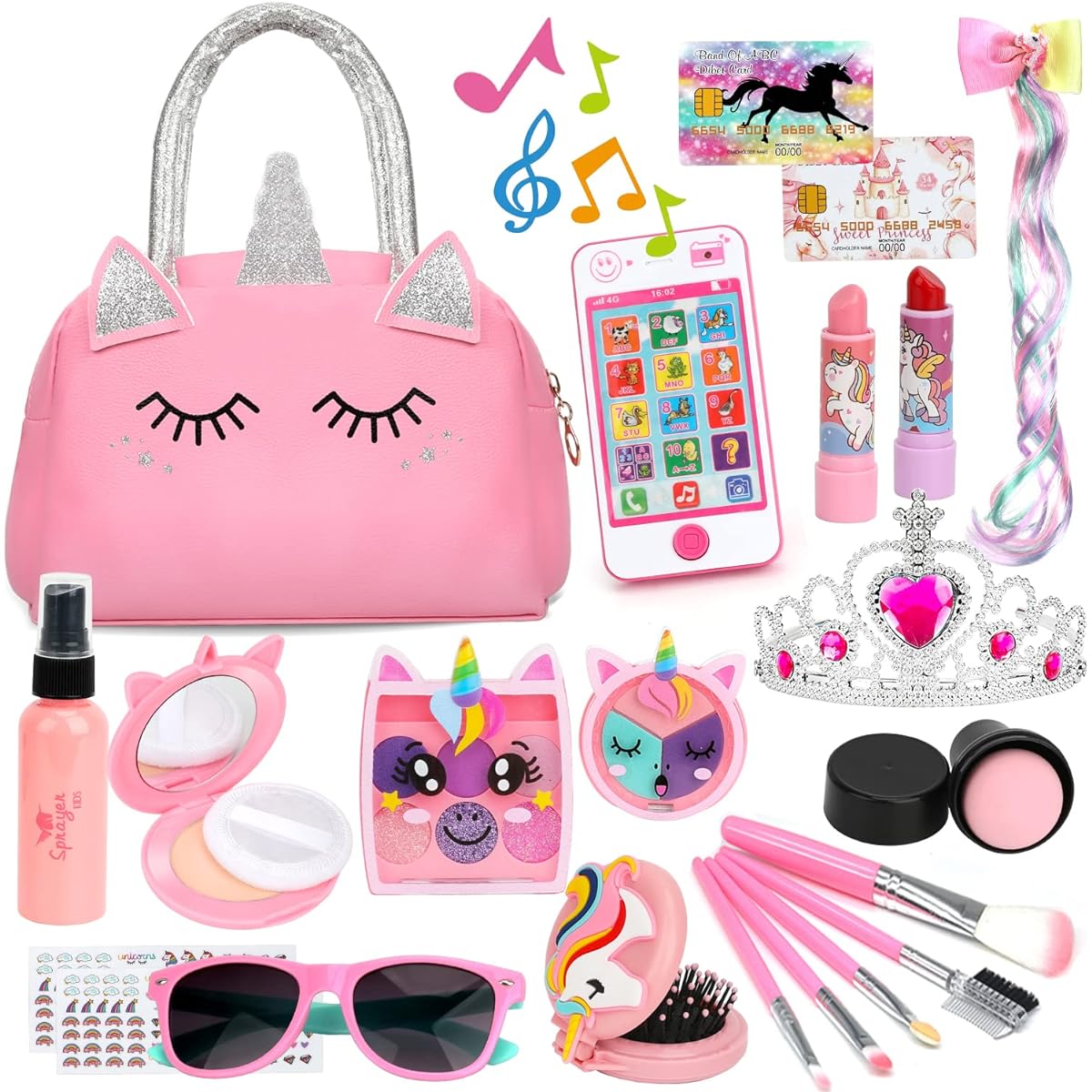 Pretend Play Wallet Little Girl Toys - Fake Cosmetics for Toddlers with Girl's Wallet Pretend Play Girl Toys for 3 4 5 6 Years Old Toddler Wallet Fake Kids Phone Birthday Gifts for Girls