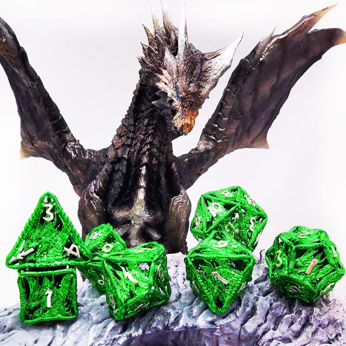 HAOMEJA Hollow Dragon Dice DND Metal Dice Set 7 Role Playing Dice D&D Dungeons & Dragons Dice (Green)