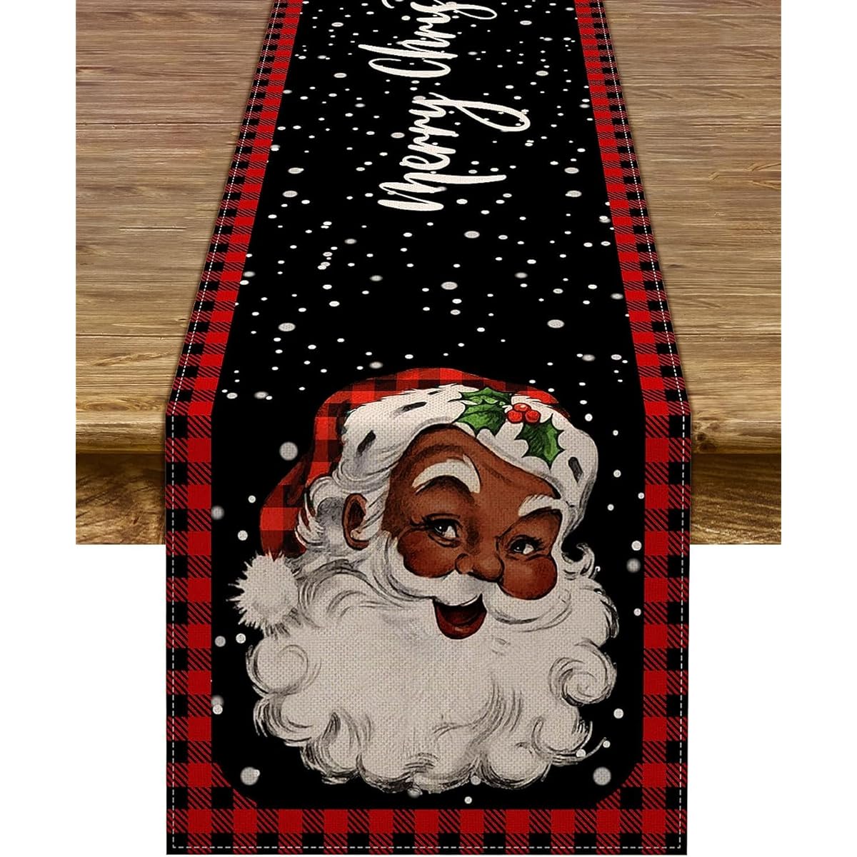 Pudodo African American Christmas Table Runner Black Santa Buffalo Check Christmas Holiday Party Kitchen Dining Home Decorations(13" x 90")