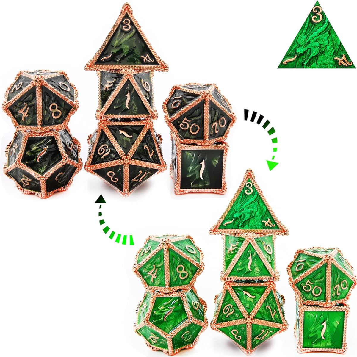 HAOMEJA Color Changing Dice Metal Dragon Dice DND Dice Set D&D Dice Set Role Playing Dice for Dungeons and Dragons (Black to Green)
