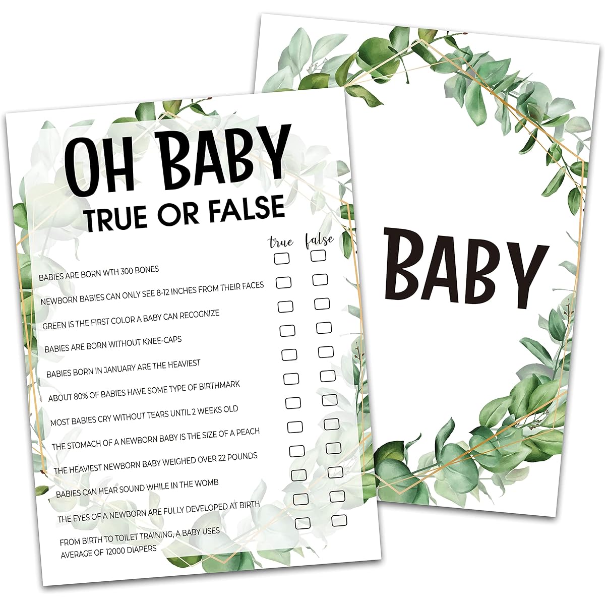 Baby Shower Game Cards Truth or Fake Game Tropical Jungle Theme Party Cards Gender Unisex Set of 30 (Green003)