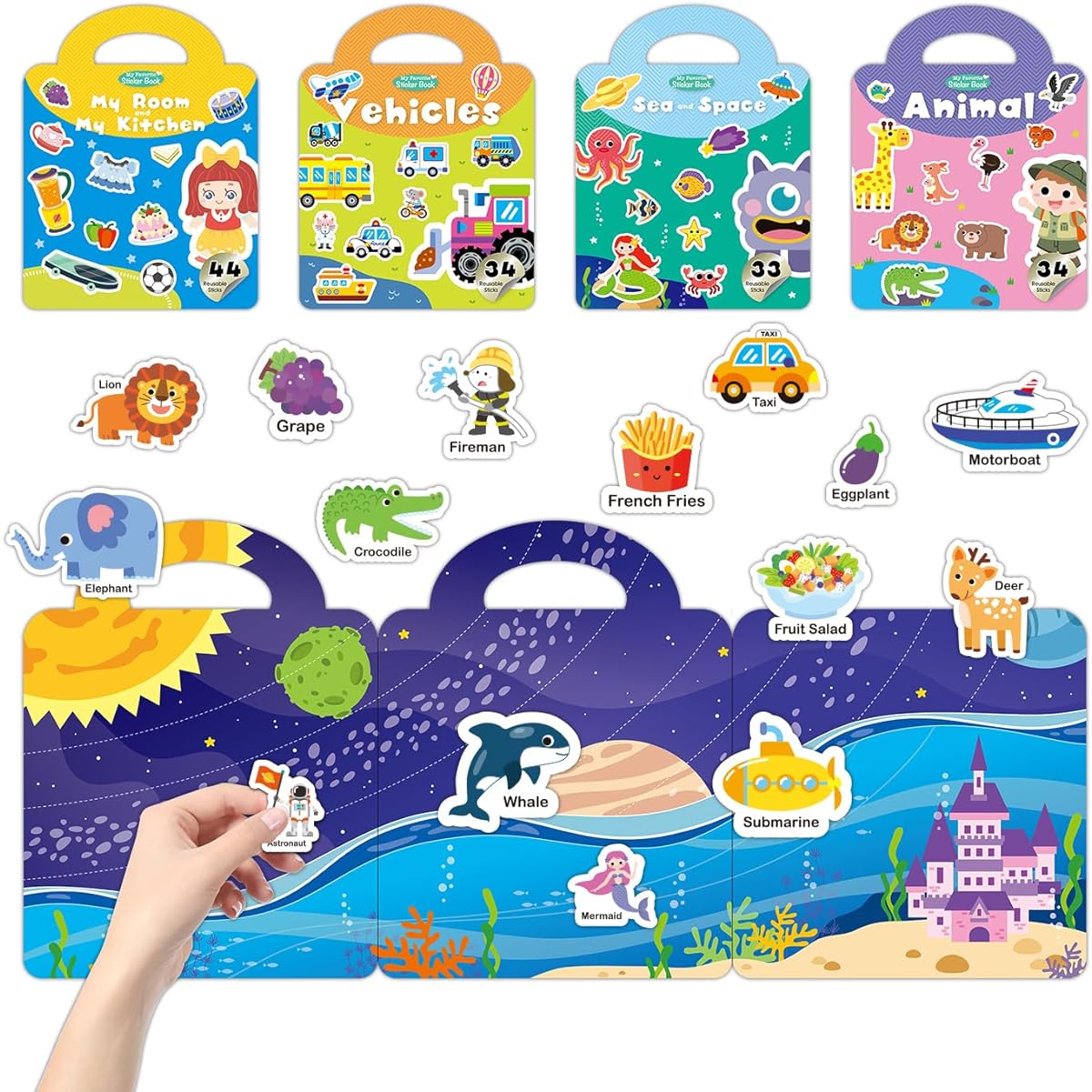 Towjug Reusable Sticker Book, 4 Sets for 2-4 Years Old Toddlers, Preschool Learning Activity Sticker Book, Readhesable Jelly Stickers for Girls and Boys (Animals+Vehicles+Room+Ocean)…