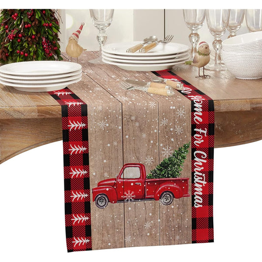 ARTSHOWING Christmas Table Runner Decorative Burlap Linen Table Runner for Christmas Thanksgiving Birthday Party Family Dinner 13 x 70 Inch Christmas Tree Farm Truck Rustic Wooden Planks