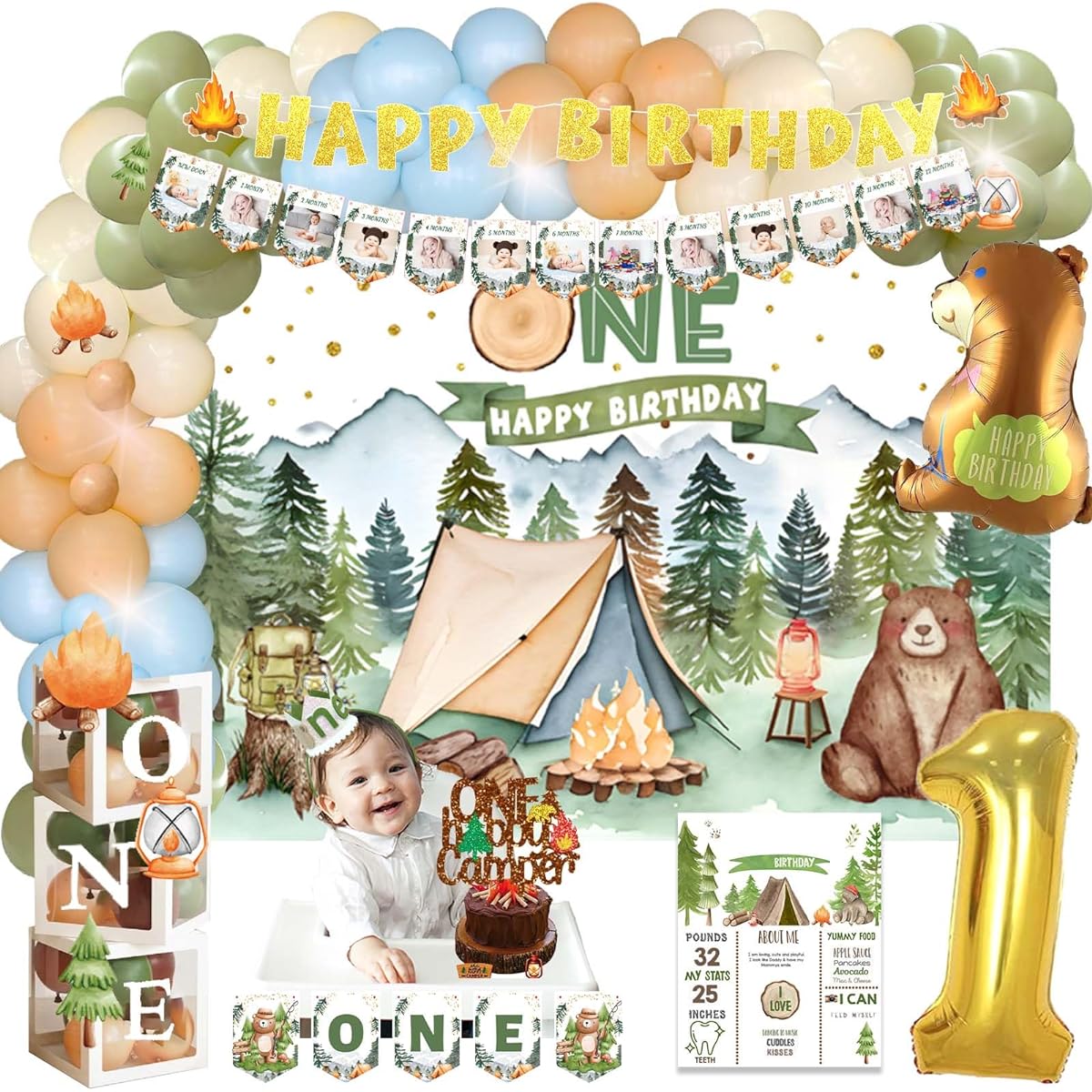 Fiesec Happy Camper Birthday Decorations, 94 Pieces Camping 1st Birthday Party Decorations Backdrop Balloon Garland Monthly Photo Highchair Banner Cake Topper Box Cutout Crown Poster Forest Tent