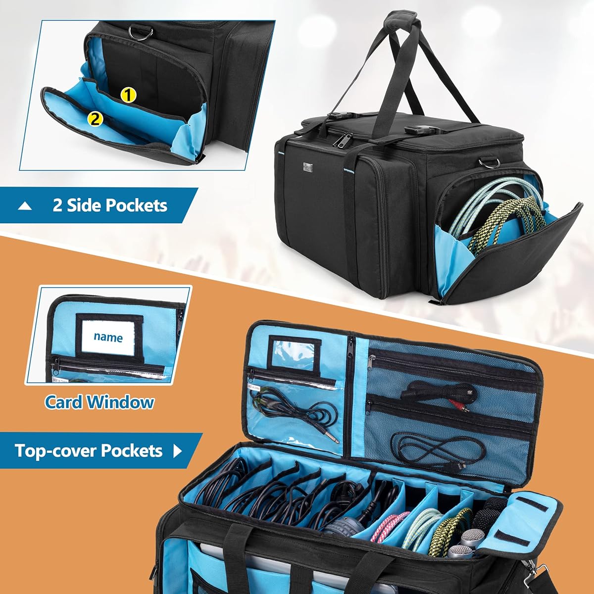 HODRANT Large DJ Gig Bag Travel DJ Cable File Case with Padded Bottom & Removable Divider DJ Gear Storage Organizer for Microphone, 14" Laptop, Sound Equipment & Instruments, Black Bag Only