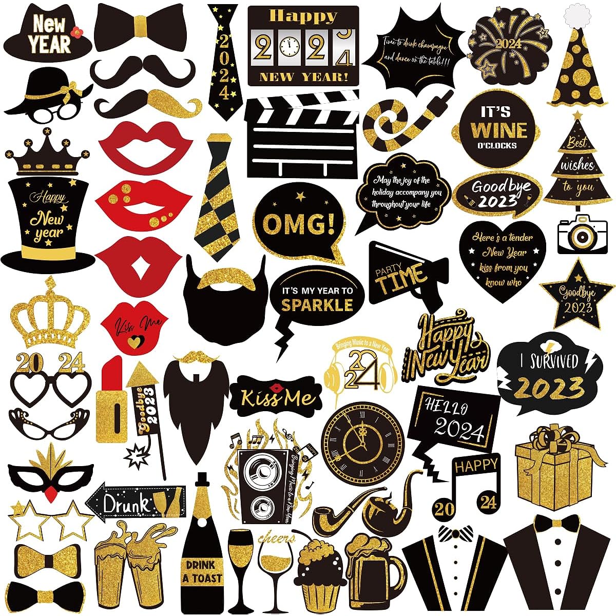 2023 New Year Photo Booth Props Kit 54 Pieces Funny New Year's Eve Party Photo Booth with Sticks for Adults/Kids/Women/Men Party Accessories 2023 New Year Party Decorations Decorations Favors Supplies