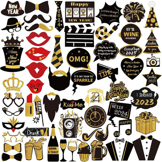 2023 New Year Photo Booth Props Kit 54 Pieces Funny New Year's Eve Party Photo Booth with Sticks for Adults/Kids/Women/Men Party Accessories 2023 New Year Party Decorations Decorations Favors Supplies