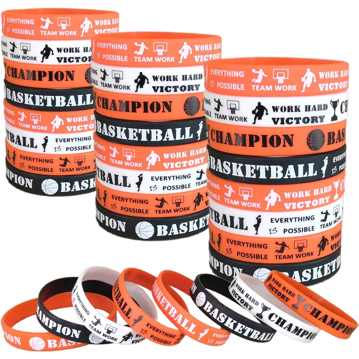 Oringaga 48PCS Basketball Silicone Wristbands/Bracelets - Basketball Party Favors and Supplies - Motivational Sports Awards - Boys/Girls/Carnival/Events/Gifts