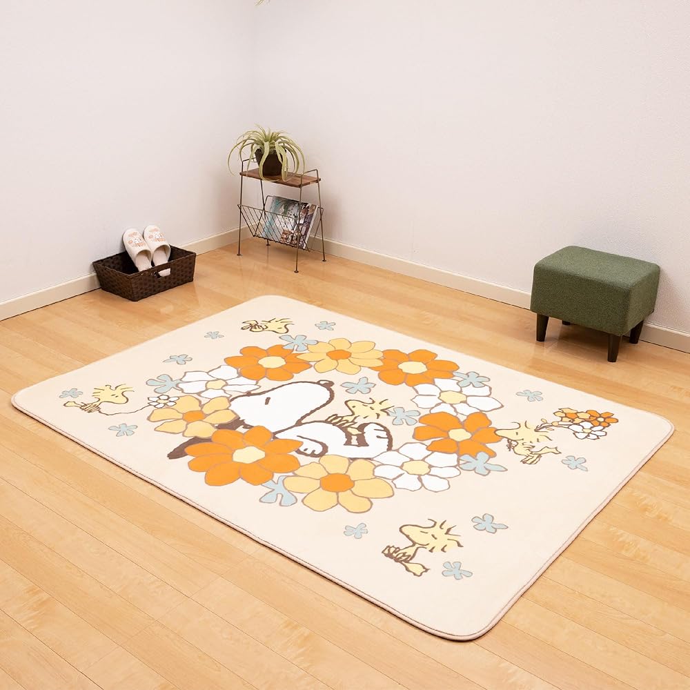 Senko Snoopy Full of Flowers Rug, Approx. 130 x 180 cm, Orange Character, Compatible with Floor Heating, Cute, Fluffy, Soft, Warm, Washable 28074