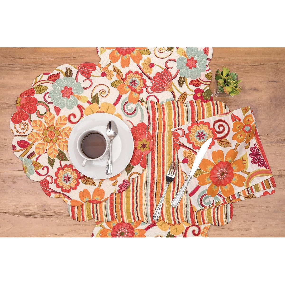 C&F Home Giselle 14" x 51" Table Runner Cotton Floral Botanical Fun Spring Summer Orange Yellow Quilted Reversible Table Runner Orange