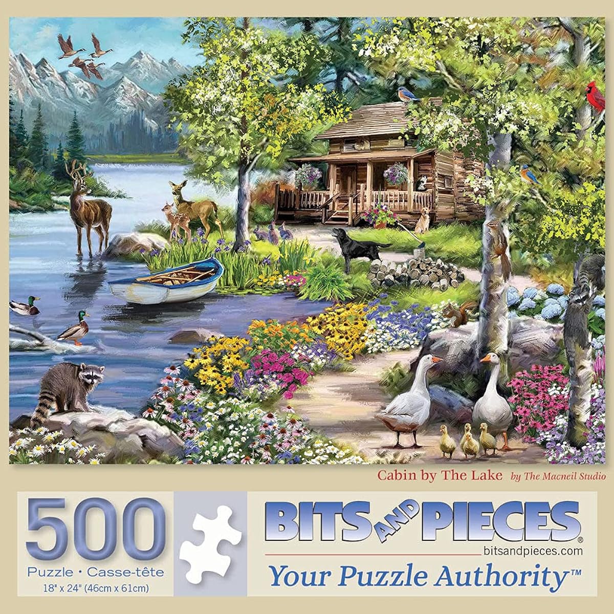 Bits and Pieces - 500 Piece Jigsaw Puzzle for Adults 18" x 24" - Cabin on the Lake - 500 Piece Lake Mountains Flowers Ducks Moose Deer Trees Birds Nature Jigsaw Puzzle Artist: The Macneil Studio