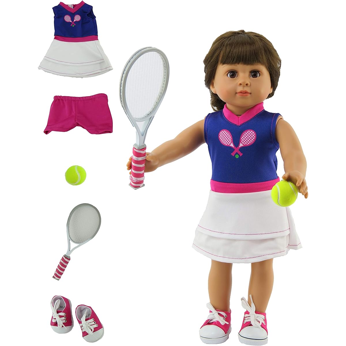 Purple & White Tennis Outfit Includes Shorts,Tennis Racket,Shoes, & Tennis Ball- Fits 46cm American Girl Dolls, Madame Alexander, Our Generation, etc. - 46cm Doll Clothes - Doll Not Included