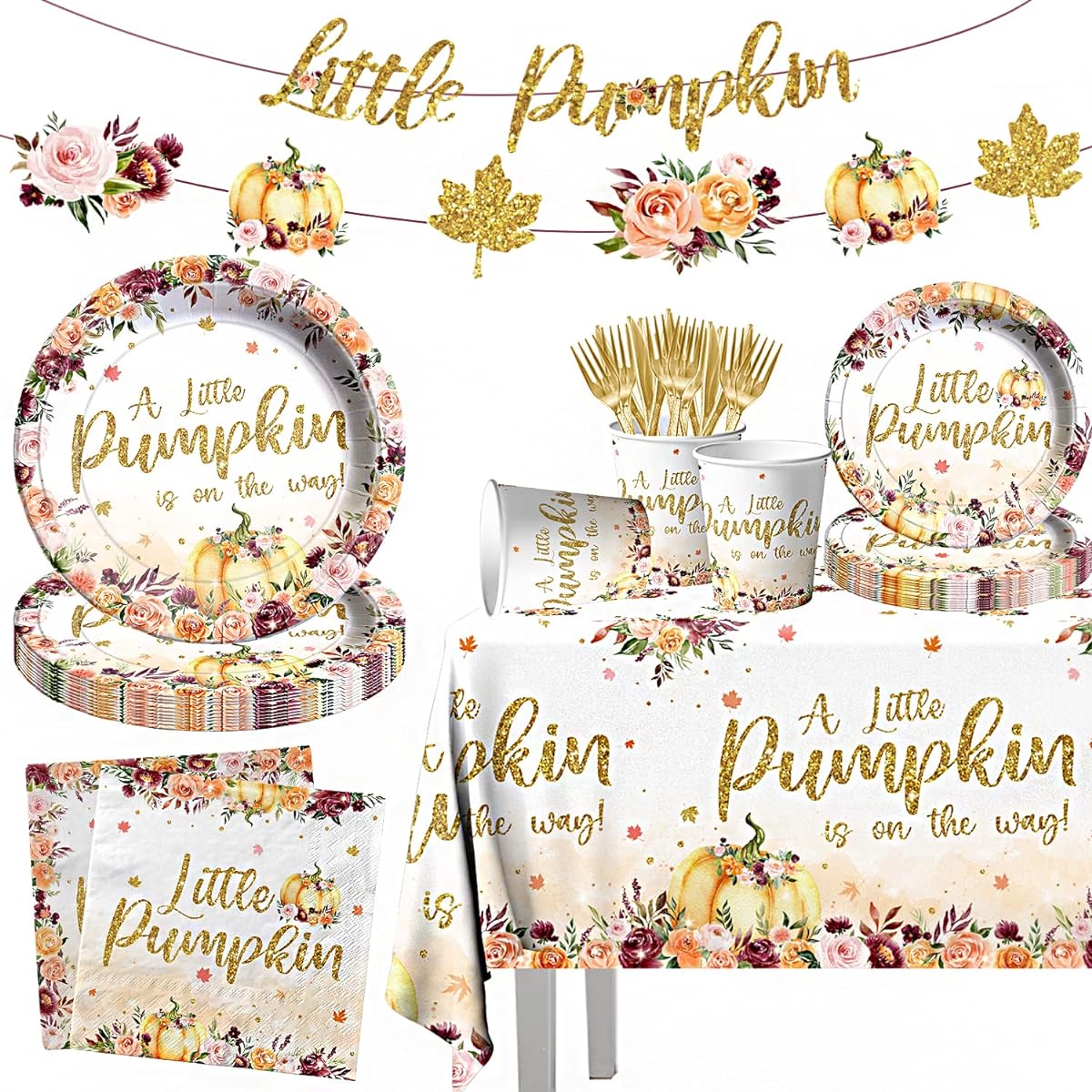 Little Pumpkin Baby Shower Decorations, 142 Pieces, Fall, Our Little Pumpkin Is Turning One, Tableware, Floral Pumpkin Banner, Pumpkin Tablecloth, Baby Shower, Thanksgiving Supplies
