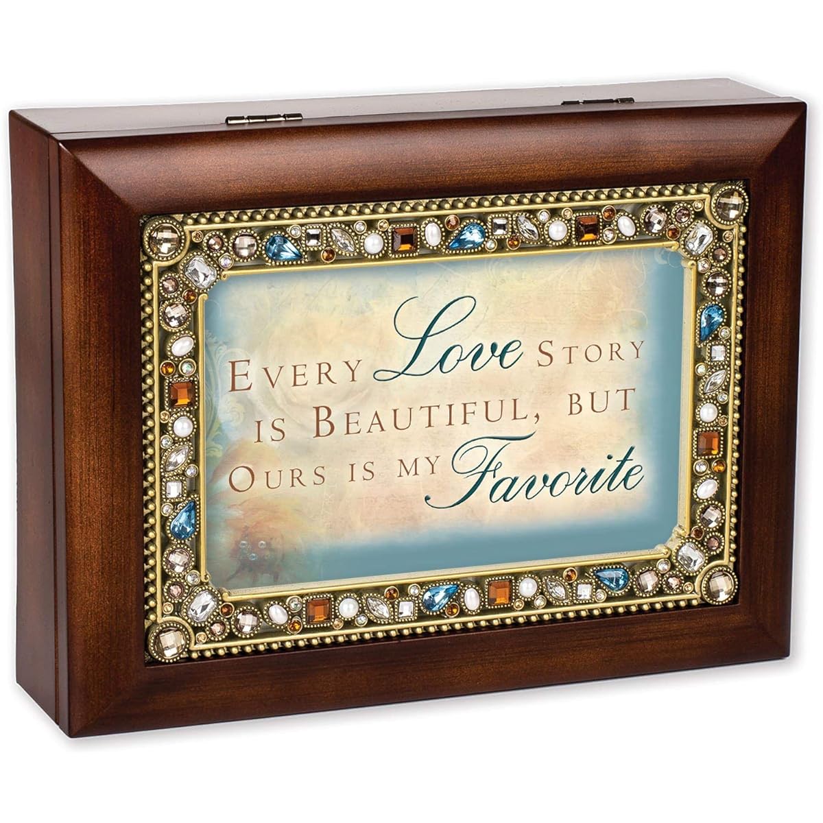 Every Love Story Walnut Wood Finish Jeweled Lid Jewelry Music Box Plays Tune Wind Beneath My Wings
