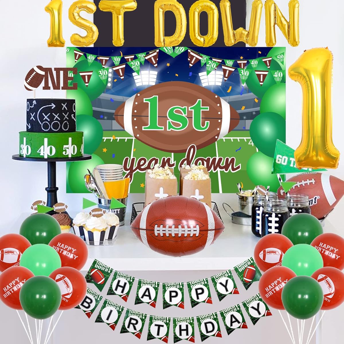 kreat4joy 1st Year Down Football Birthday Party 1st Year Down Football Birthday Decorations Backdrop Foil Balloons Happy Birthday High Chair Banner Cake Topper Boys Football 1st Birthday