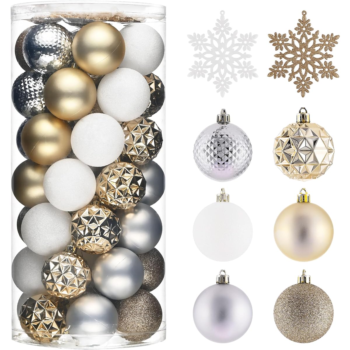 Valery Madelyn Christmas Tree Ornaments, 50 Karat White and Gold Shatterproof Christmas Ball Decorations Set, 2.36 Inch Elegant Hanging Tree Ornaments for Christmas Holiday Party Decor