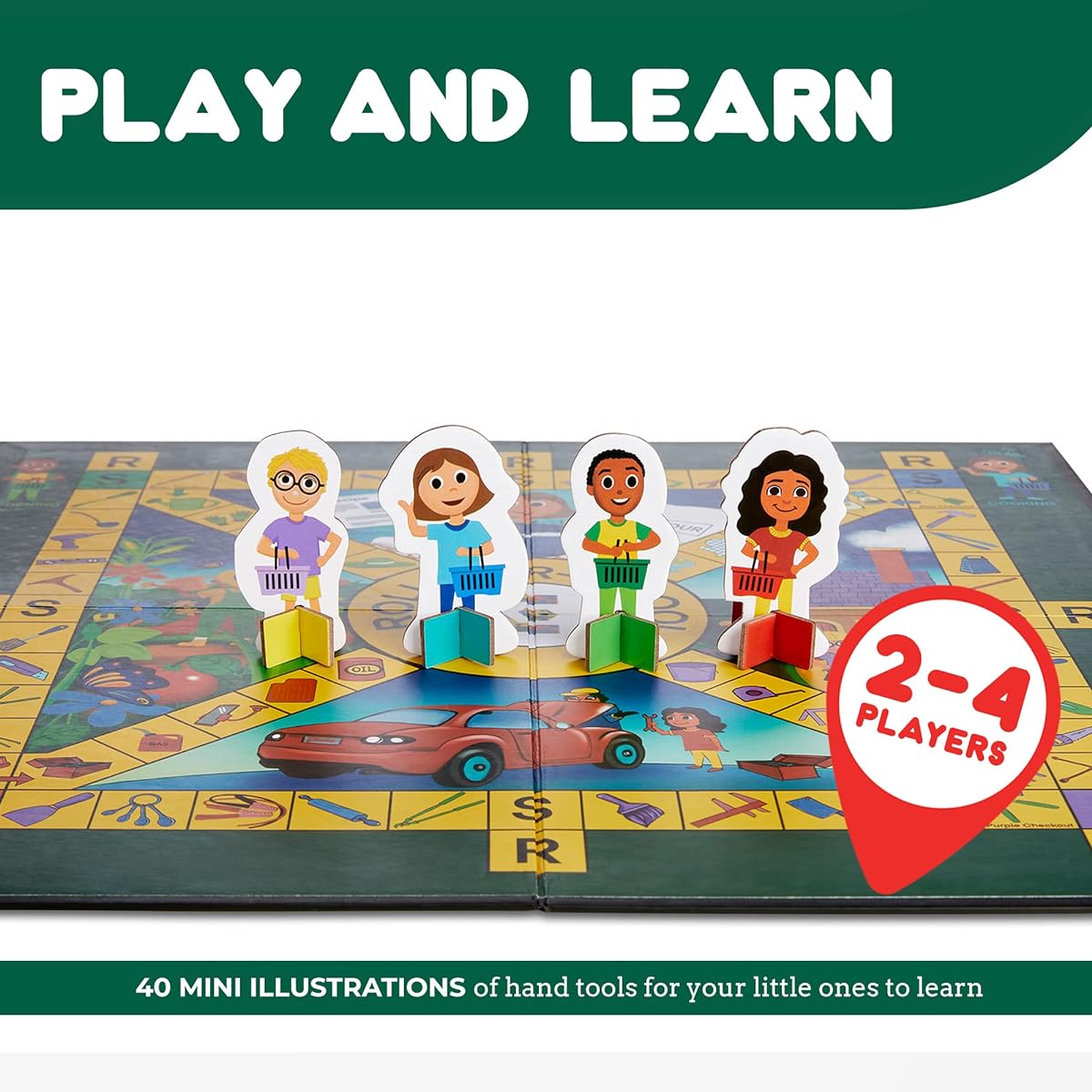 COGNISPRINGS - Roll for a Tool Board Game, Kids Board Game, Fun Board Game for Family Night, Educational Board Game for Kids, Sturdy Foldable Game Board, 2-4 Players, Ages 4+