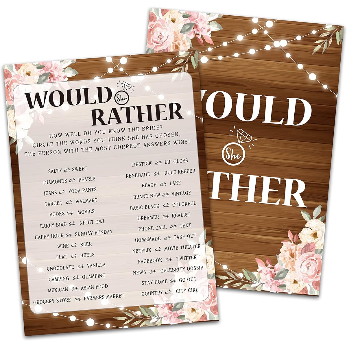 Bridal Shower Game Cards Would She Rather Game, Rustic Wood Pink Floral Engagement Party Cards for Wedding Set of 30 (Brown 003)