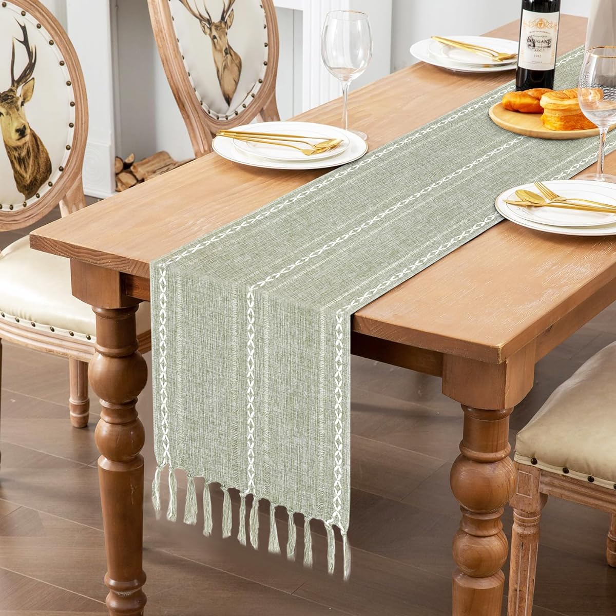 Rustic Farmhouse Style Table Runners Cotton Linen Table with Tassels Christmas and Dining Decor Table Runners 72 Inch Long Olive Green 6 Pieces