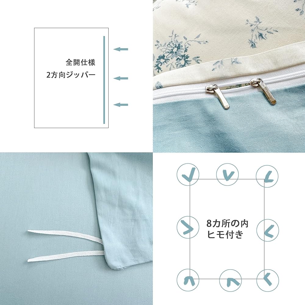 BUKAROOM 100% Cotton [Duvet Cover Set, Duvet Cover, Semi-Double, 4 Piece Set] Duvet Cover, Fitted Sheet, Pillowcase, Bed Cover, Bedding Cover, Floral Pattern, Stylish, Double Zipper, Fabric Wrapping (Blue, Cover 170*210cm)
