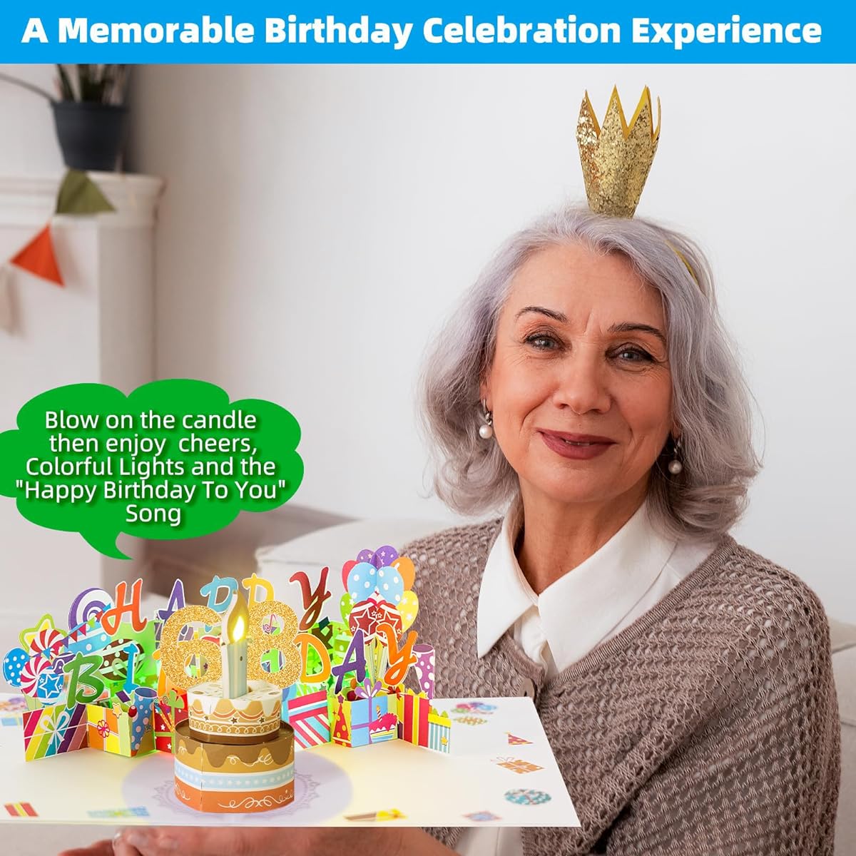 3D Musical 68th Birthday Pop Up Card, 68th Birthday Gift with Fanable LED Light Candle and Happy Birthday Song, Big Birthday Cake Pop Up Greeting Card for 68 Year Old Woman Man Dad Mom Husband Wife