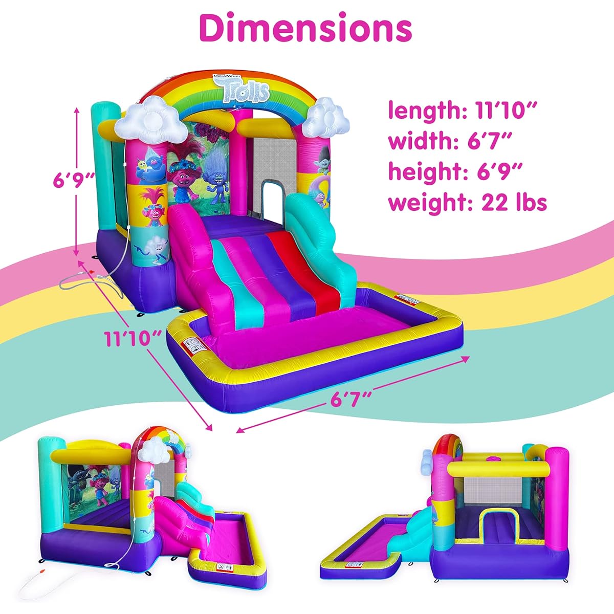 Funormous Trolls Band Together Inflatable Bouncy Castle with Slide, Outdoor Indoor Bounce House with Ball Pit for Kids Ages 3-8, Plus Heavy Duty Air Blower