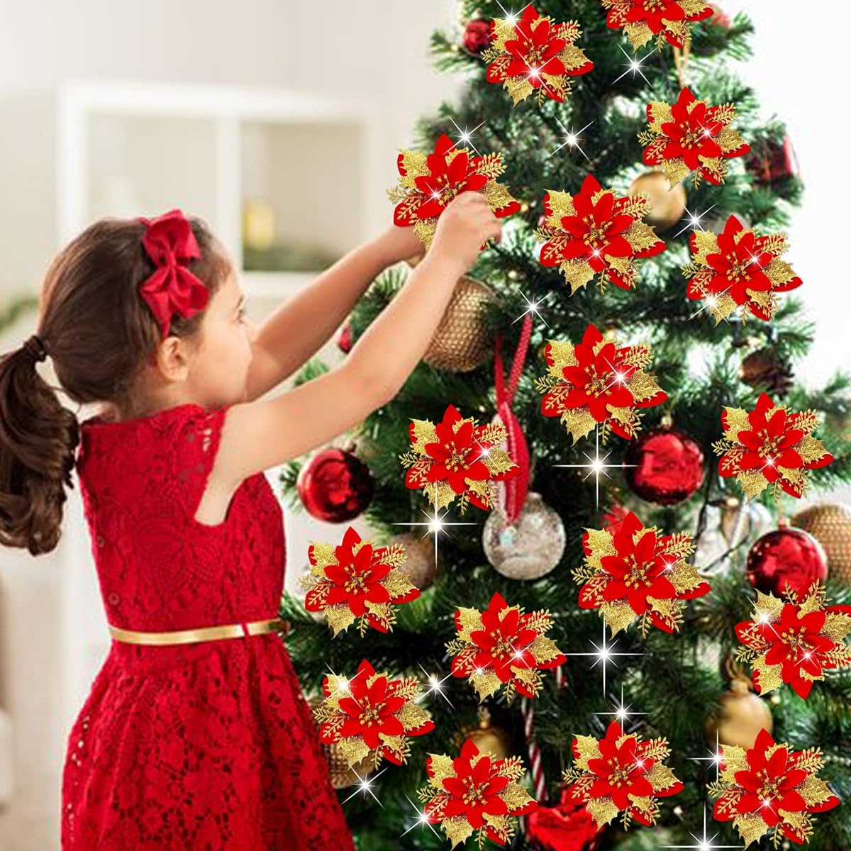 Mczan Glitter Poinsettia Artificial Flowers with Clips, 20pcs Artificial Poinsettia Flowers Bulk Christmas Fake Flower Decorations Christmas Tree Decor Ornament Set (5.5 inch Light Red)