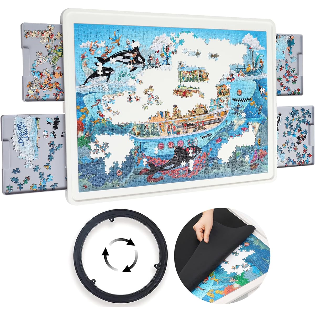Playboda 1500 Piece Wooden Puzzle Board with Drawer and Cover, 35"x26" Portable Jigsaw Puzzle Table for Adults, Lazy Susan Spinning Puzzle Board (Patent Pending)
