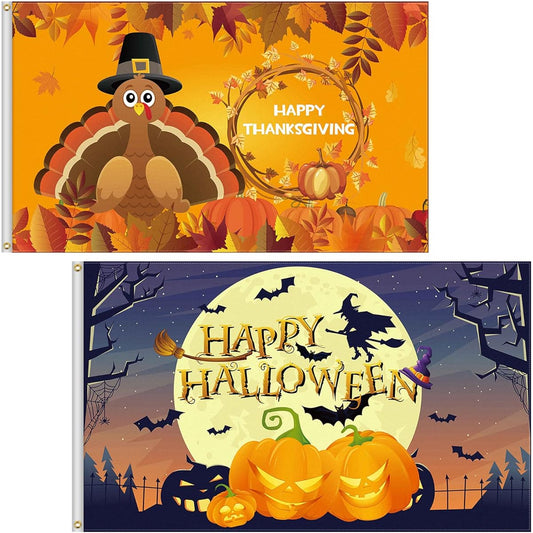 2 Pieces 3 x 5ft Halloween Flags Double Sided Pumpkin Witch Flags Thanksgiving Turkey Fall Flags Happy Halloween Thanksgiving Flags Banner for Home Outdoor Indoor Party Decorations (Assorted Styles)