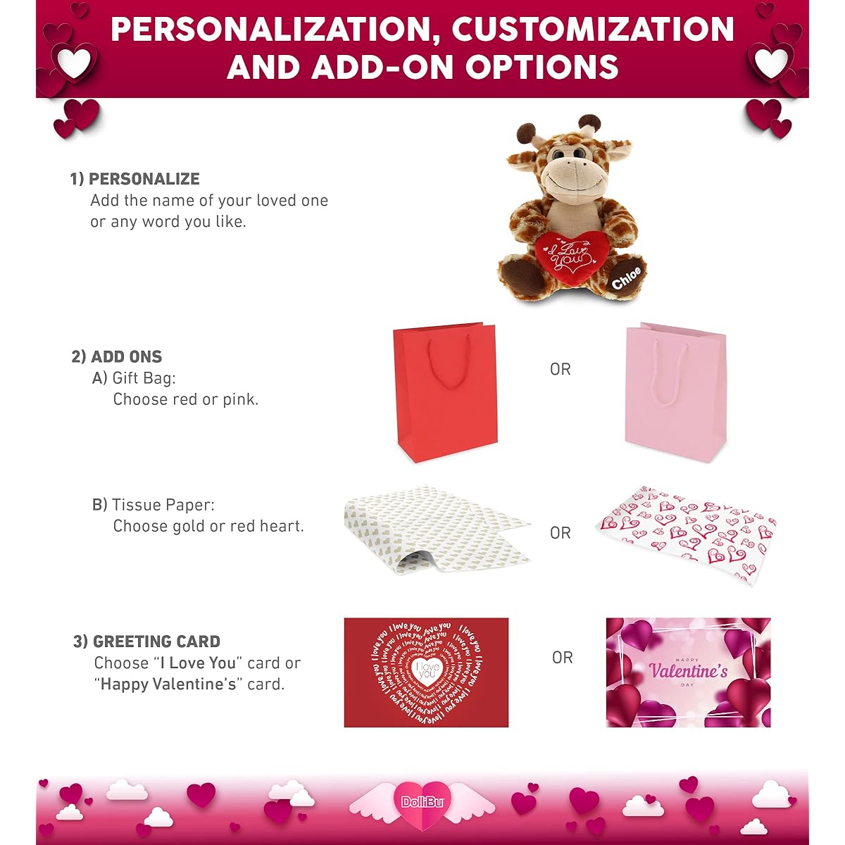 dolibu Sitting Giraffe I Love You Valentines Stuffed Animal - Heart Message - 7 Inches - Super Soft Plush - Item # K5191 - 5998