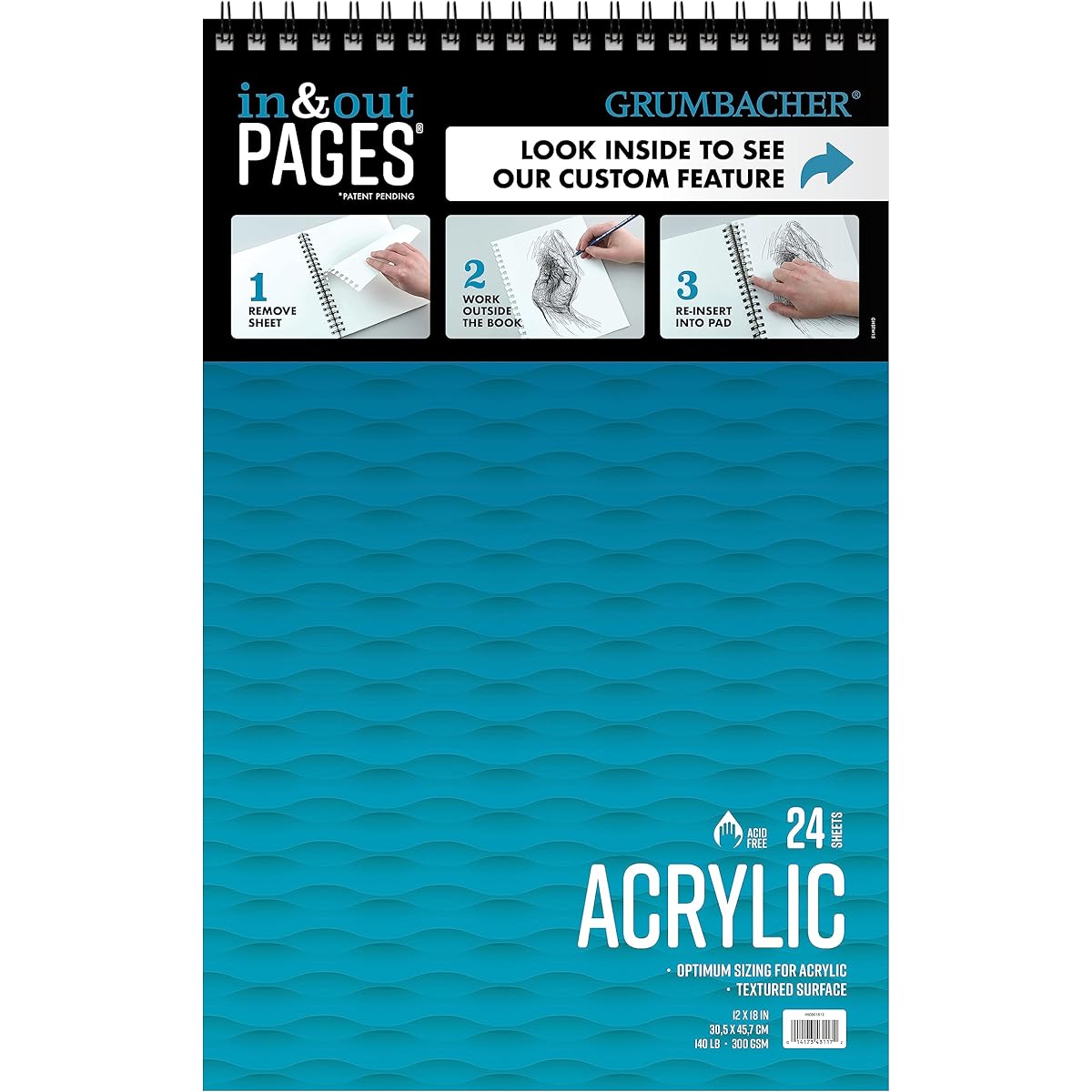 Grumbacher Acrylic Paper Pad 12" x 18" In & Out Pages 140lb/300GSM Top Wired 24 White Sheets 1 Pad of Each