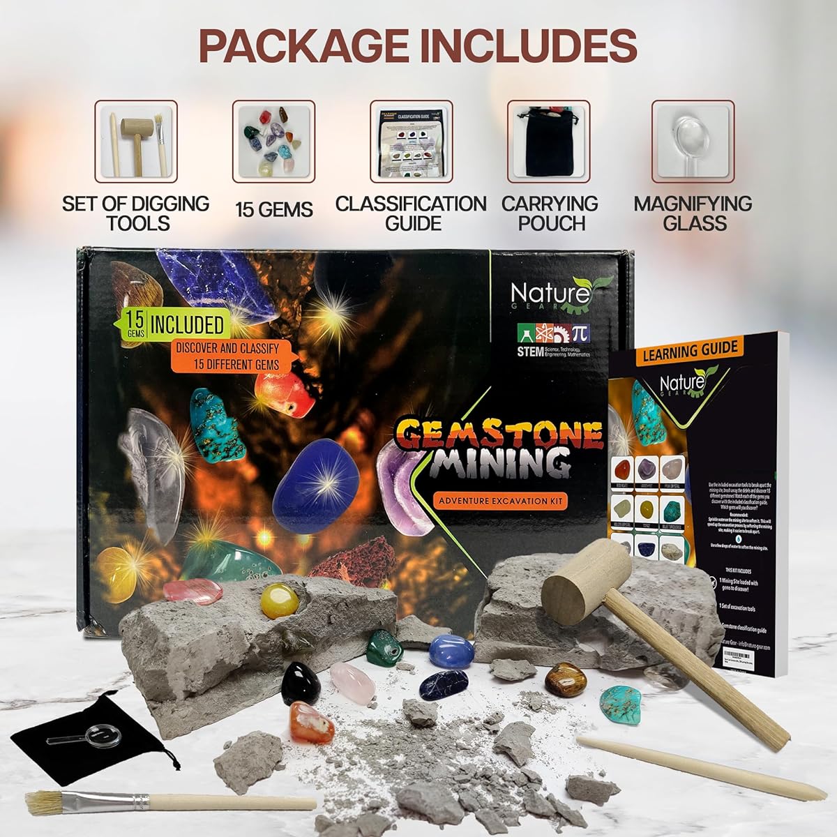 Nature Gear Gem Mining Dig - Discover 15 Precious Gems - Mining Adventure Kit - Science STEM Learning Kids Activity