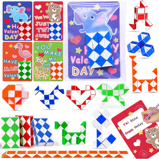 AMENON 28 Pack Valentine's Day Gifts for Kids Sensory Fidget Twist Puzzle Snake Cube Transformation Toys Party Favors Valentine Cards for Kids School Classroom Exchange Valentine Gifts Kids Party Bag Fillers