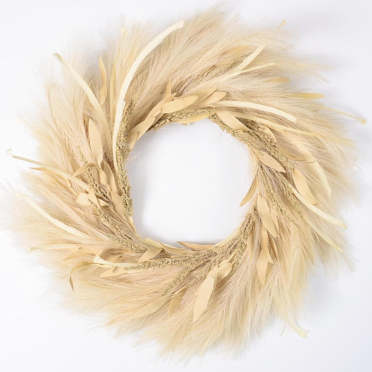 Perfnique Pampas Grass Wreath 27" Fall Wreath for Entryway, Pampas Wreath for All Seasons, Bohemian Wall Decor, Farmhouse Rustic Floral Wreath, DIY Wreath Arrangement (Ivory, Ribbon)
