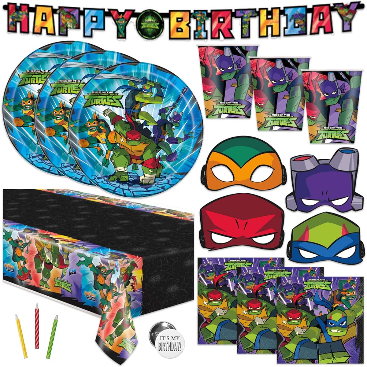 TMNT Teenage Mutant Ninja Turtles Themed Birthday Party Supplies Set for 16 Guests Includes Banner Decorations, Table Cover, Plates, Cups, Napkins, Character Masks, Buttons, Tattoos