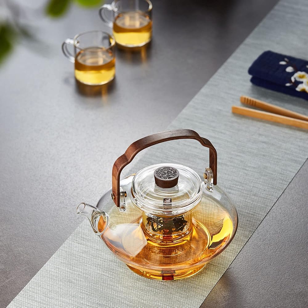Unbreakable NB4017 Heat-resistant Glass Teapot, Large Capacity, Top Type, Wooden Handle, 1300ml, Yellow Court Lantern Design, Includes Both-Use Tea Strainer, Tea Jumping, Microwave Safe