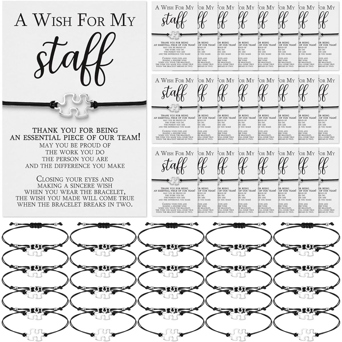 Huquary 25 Sets Employee Appreciation Gifts with Bracelets Puzzle Piece Bracelets Team Appreciation Cards Gratitude Cards Inspirational Team Gifts Appreciation Gifts for Teachers Staff, about 6.3-11.8 inches, Waxed Wire, Alloy. , No Gemstones.