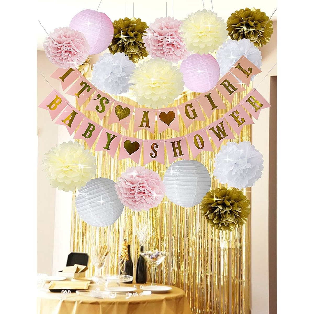 Big Size Girl Baby Shower It's A Girl Garland Bunting Banner Paper Pom Pom Flower Paper Lantern Tissue Paper Tassel Garland for Party Decorations Pink and Gold Baby Shower Decorations