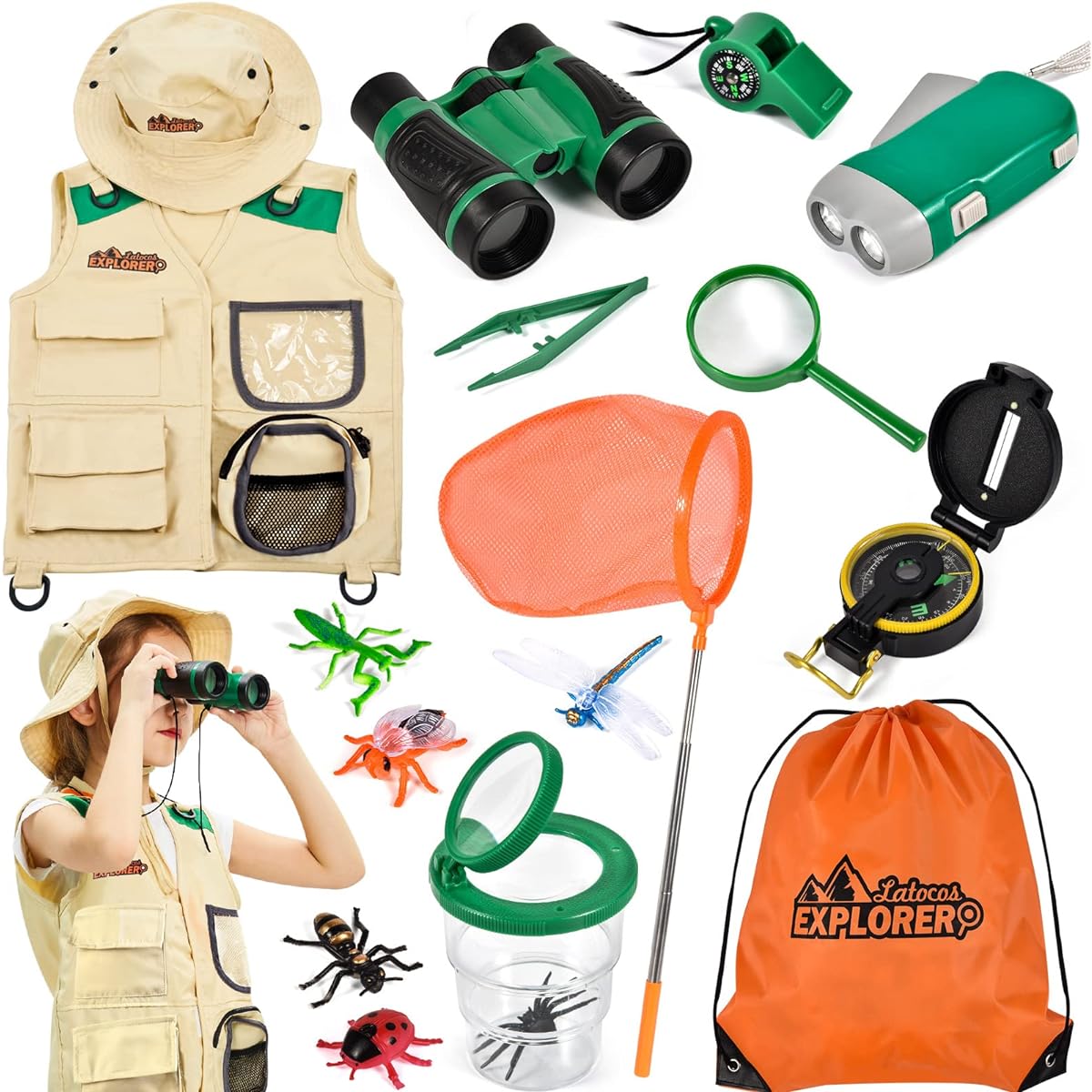Latocos Kids Explorer Kit & Bug Catcher Kit Children's Outdoor Exploration Set with Safari Vest and Hat Butterfly Net, Flashlight, Compass, Camping Toys for Boys Girls 3 4 5 6 7 8 Years Old and Up