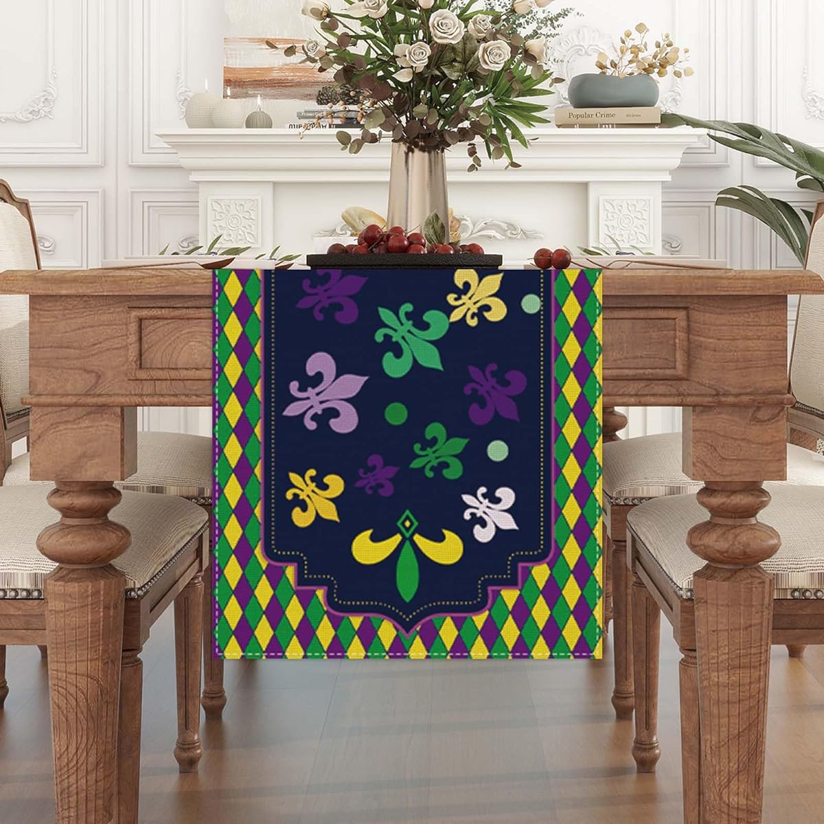 Jiudungs Linen Mardi Gras Fleur de Lis Table Runner 72" Long New Orleans Mardi Gras Brazilian Carnival Masquerade Party Table Decor
