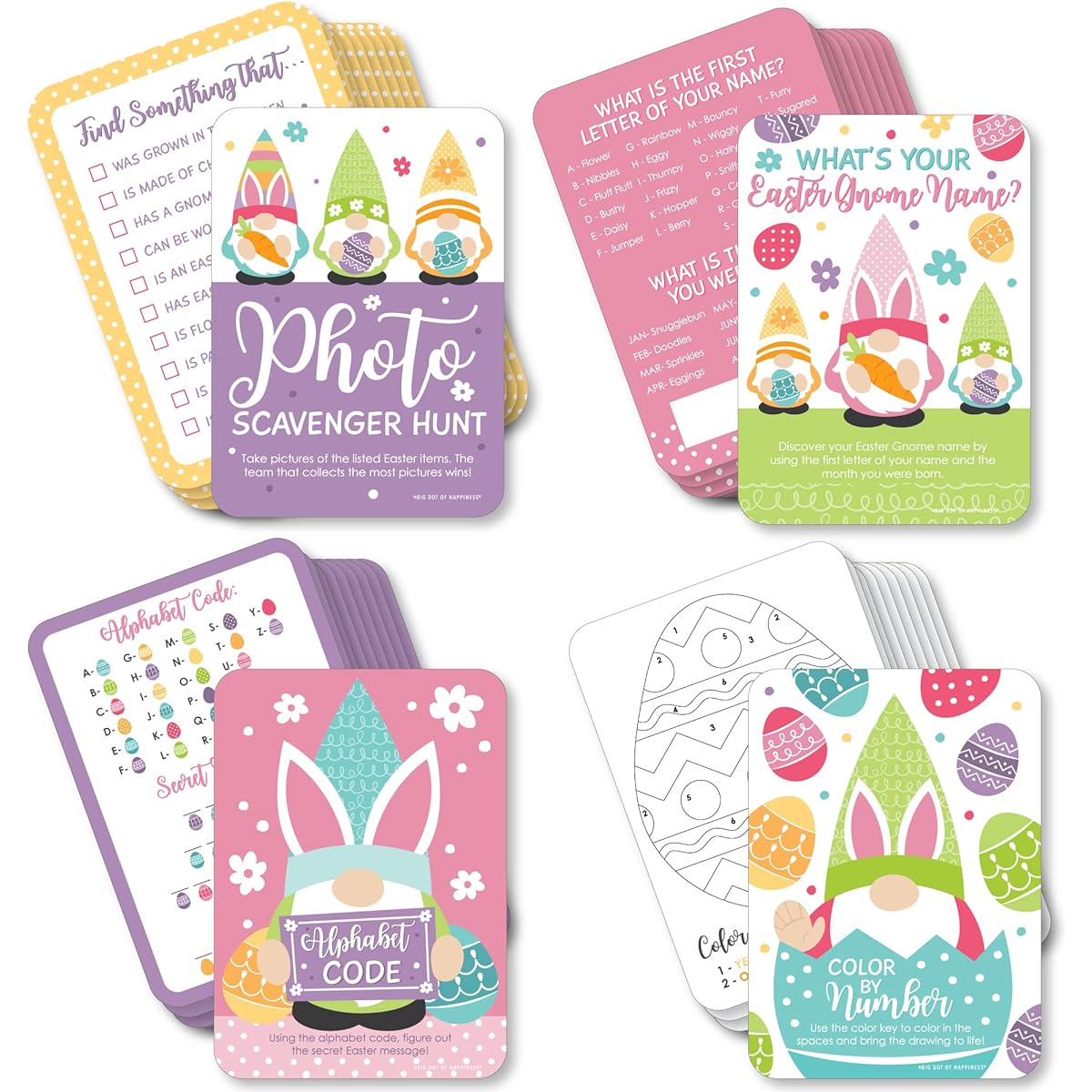 Happy Big Polka Dot Easter Gnome - 4 Spring Bunny Party Games - 10 Cards Each - Gamerific Bundle