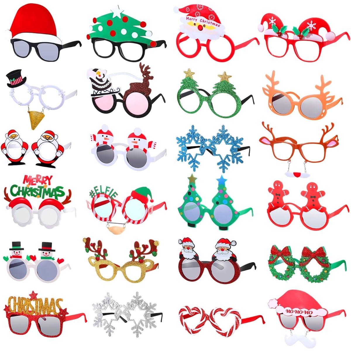 Copkim 24pcs Christmas Glasses Plastic Christmas Eyeglasses Frames Novelty Christmas Costume Eyewear Santa Snowman Christmas Decorations Christmas Holiday New Year Party Photo Booth Props Favors
