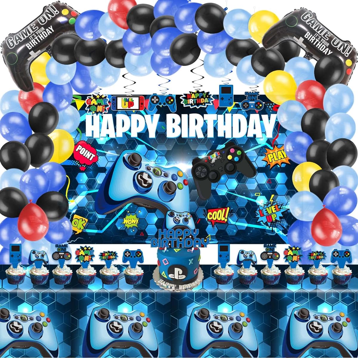 KimaruLZ Video Game Birthday Party Decorations - 109 Pieces Gamer Gaming Party Supplies for Boys Birthday Party - Happy Birthday Backdrop, Table Cover, Hanging Swirls, Cupcake Cake Toppers, Balloons